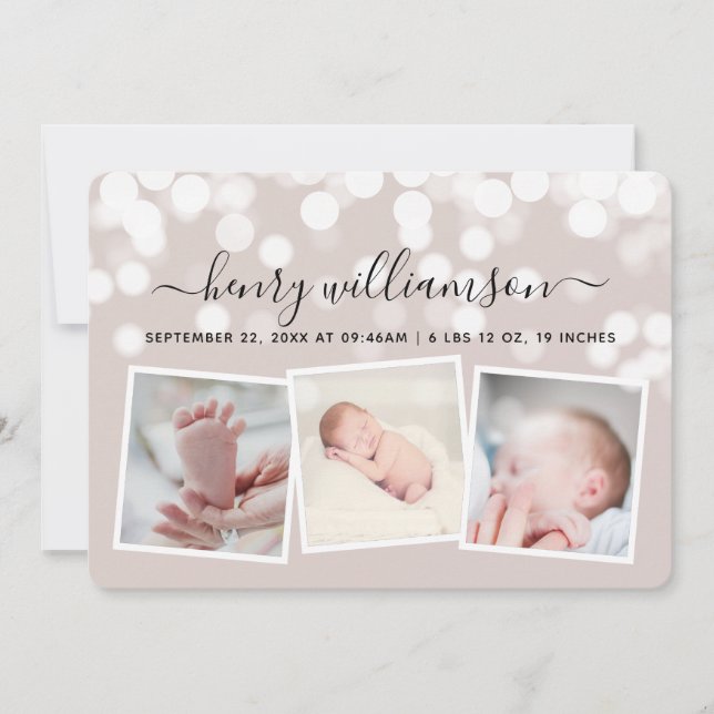 Modern Bokeh Lights 3 Photo Birth Announcement (Front)