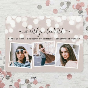 Modern Bokeh Lights 3 Photo Graduation Announcement