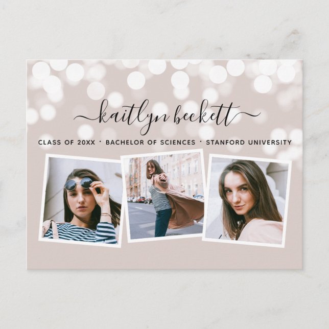 Modern Bokeh Lights 3 Photo Graduation Announcement Postcard (Front)