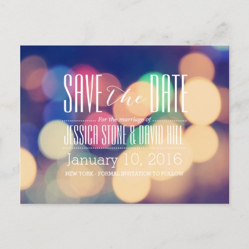 Modern Bokeh Lights Wedding Save the Date Announcement Postcard