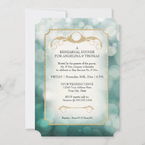 Modern Bokeh Sparkle Aqua Twinkle Rehearsal Dinner Invitation