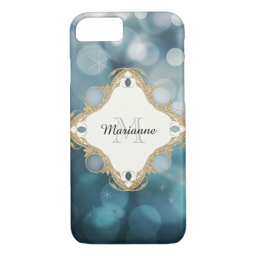 Modern Bokeh Sparkle Blue Personalized Monogrammed iPhone 87 Case