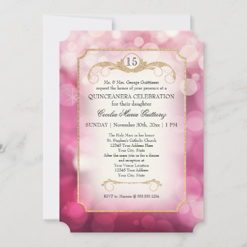 Modern Bokeh Sparkle Pink Twinkle Quinceanera Invitation