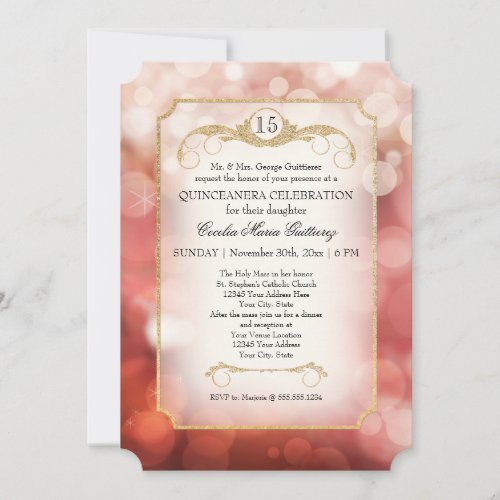 Modern Bokeh Sparkle Rose Twinkle Quinceanera Invitation