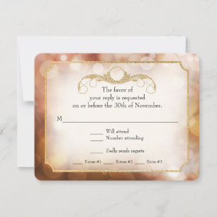 Modern Bokeh Sparkle Twinkle Amber Gold RSVP Card