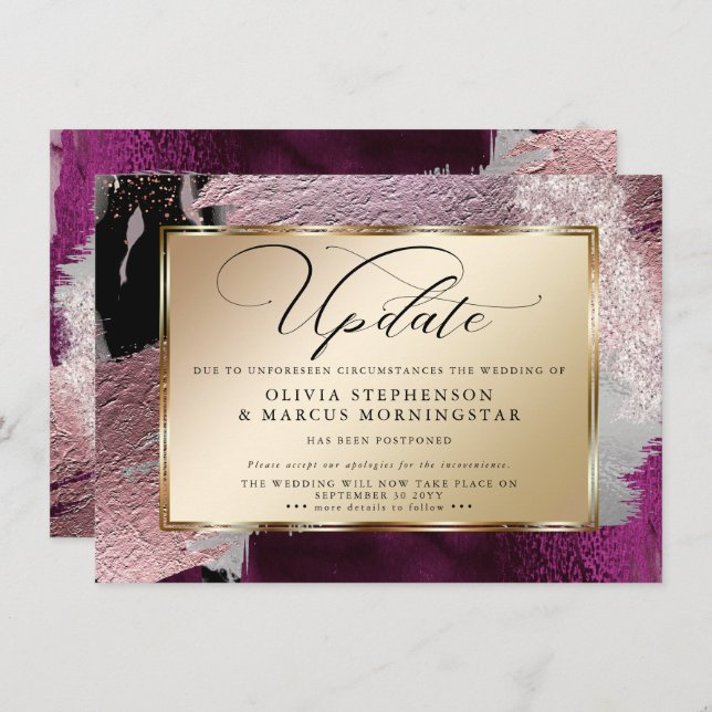 Modern Bold Abstract Cassis Wine Postponement Invitation (Front/Back)