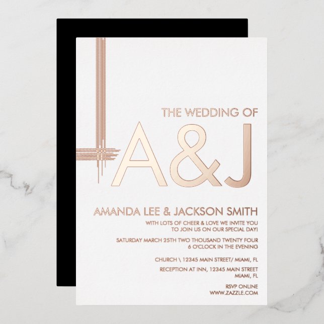 Modern Bold Abstract Line Wedding  Foil Invitation (Front/Back)