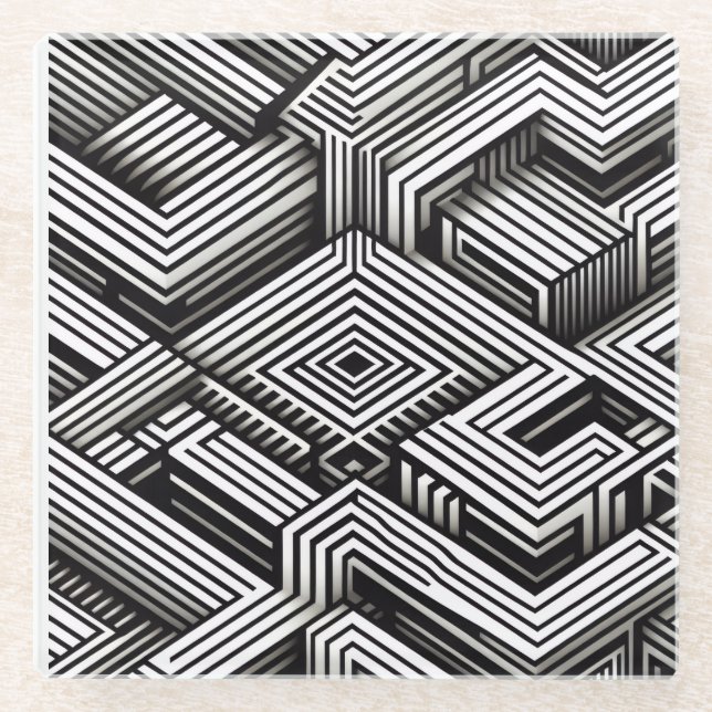 Modern bold Abstract Monochrome Geometric Pattern Glass Coaster (Front)