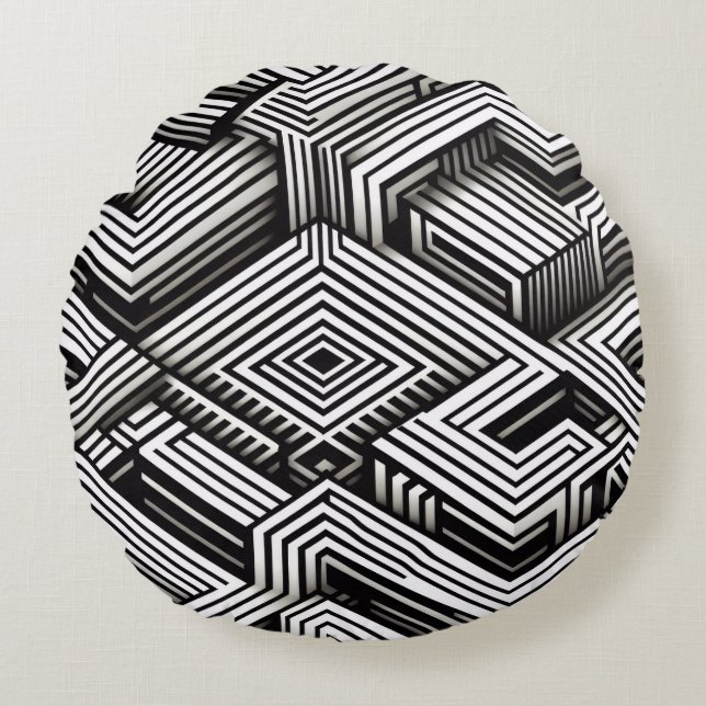 Modern bold Abstract Monochrome Geometric Pattern Round Pillow (Front)