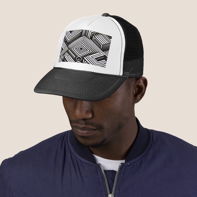 Modern bold Abstract Monochrome Geometric Pattern Trucker Hat (In Situ)