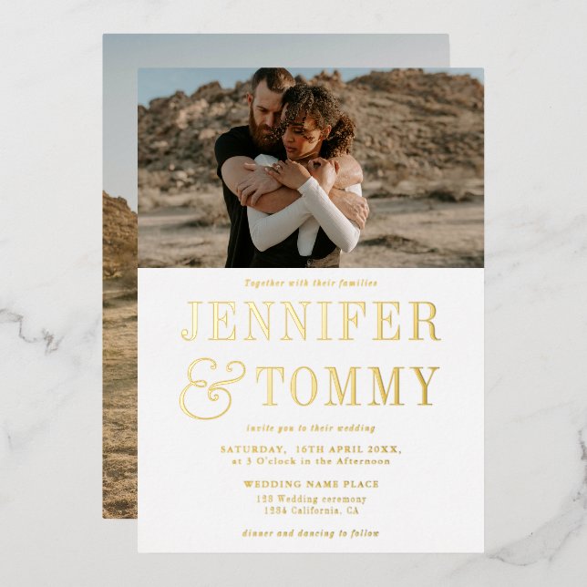 Modern bold ampersand white 2 photos wedding foil invitation (Front/Back)