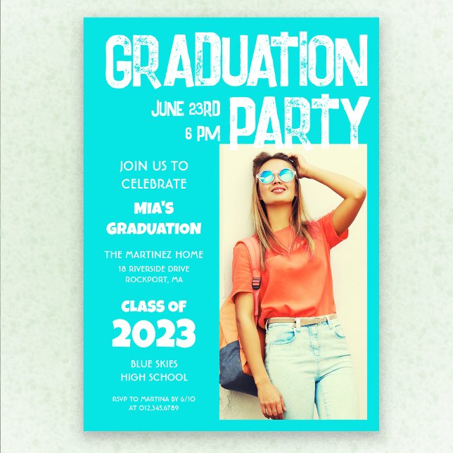 Modern Bold Aqua Blue White Photo 2023 Graduation Invitation (Creator Uploaded)
