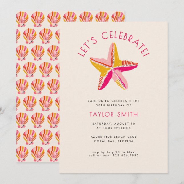 Modern Bold Beach Starfish Pink Birthday Party Invitation (Front/Back)