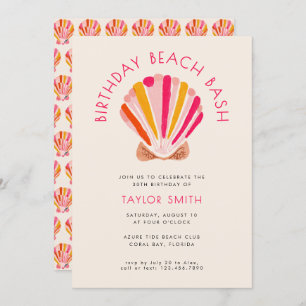 Modern Bold Beach Summer Shell Pink Birthday Party Invitation