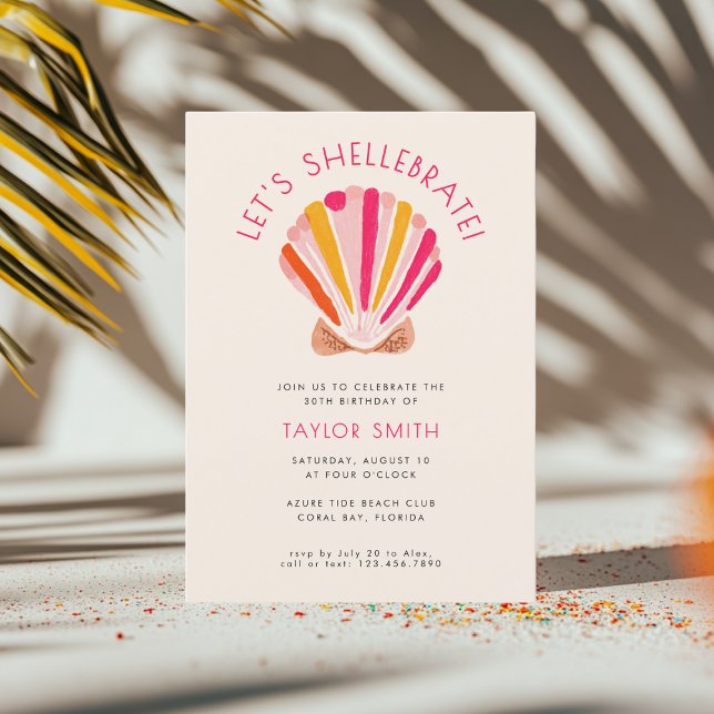 Modern Bold Beach Summer Shell Pink Birthday Party Invitation (Creator Uploaded)