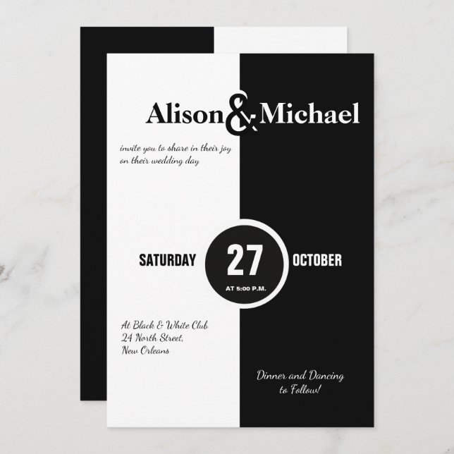 Modern bold black and white white wedding invite (Front/Back)