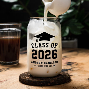 Modern Bold Black Class of 2026 Graduation Can Glass