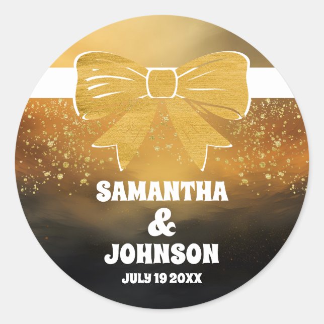 Modern Bold Black Gold Bow Wedding Classic Round Sticker (Front)