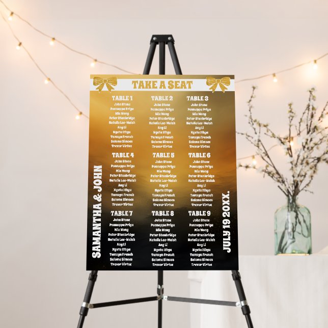 Modern Bold Black Gold Bow Wedding Seating Chart Foam Board (In Situ (Stand))