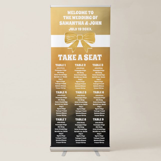 Modern Bold Black Gold Bow Wedding Seating Chart Retractable Banner (Front)
