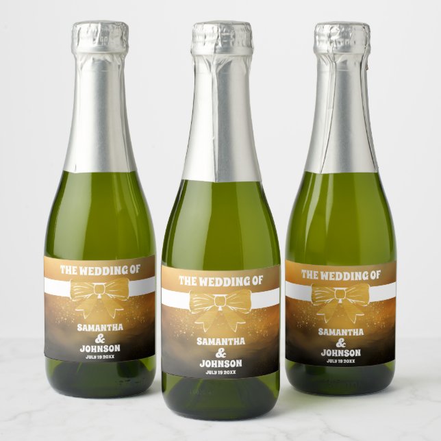 Modern Bold Black Gold Bow Wedding Sparkling Wine Label (Bottles)