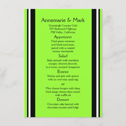 Modern Bold Black Lime Stripes Wedding Menu