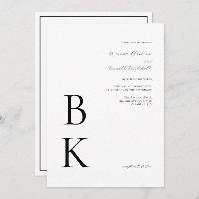 Modern Bold Black Monogram Typography Wedding Invitation (Front/Back)