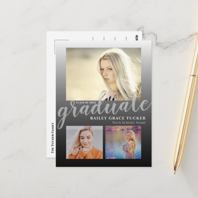 Modern Bold Black Ombre Graduate Graduation Postcard (Front/Back In Situ)