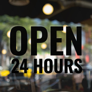 Modern Bold Black “Open 24 Hours” Window Cling