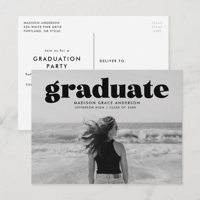 Modern Bold Black Overlay Photo Graduation Party Postcard (Front/Back)