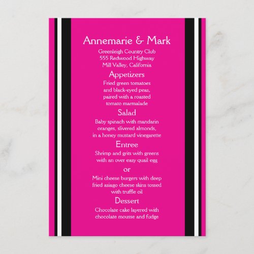 Modern Bold Black Pink Stripes Wedding Menu