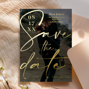 Modern bold black script save the date photo foil invitation
