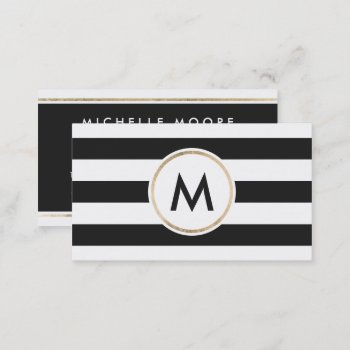 Modern Bold Black Stripes Chic White Gold Monogram Business Card by busied at Zazzle
