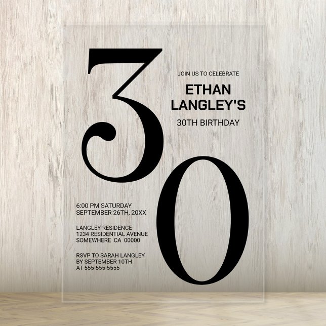 Modern Bold Black Text 30th Birthday Party Acrylic Invitations (Creator Uploaded)