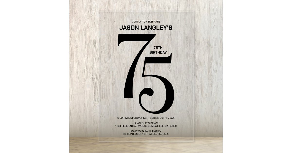 Modern Bold Black Text 75th Birthday Party Acrylic Invitations | Zazzle