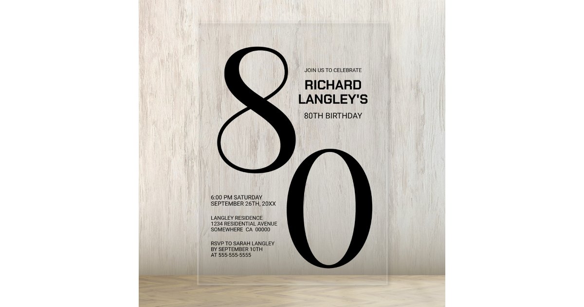 Modern Bold Black Text 80th Birthday Party Acrylic Invitations | Zazzle