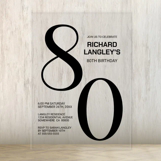 Modern Bold Black Text 80th Birthday Party Acrylic Invitations | Zazzle