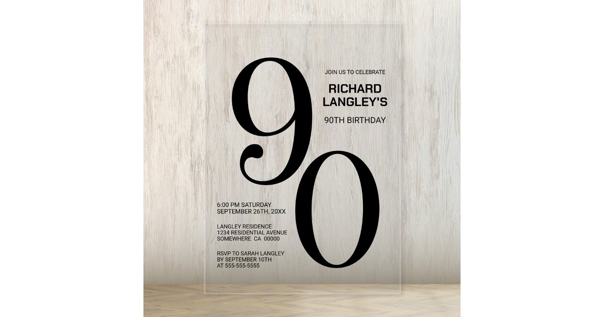Modern Bold Black Text 90th Birthday Party Acrylic Invitations | Zazzle