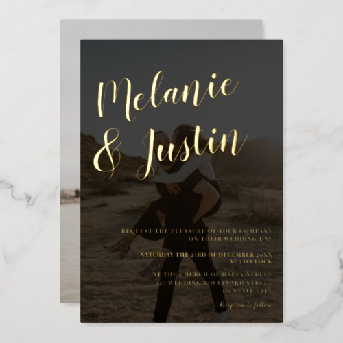 Modern bold black wedding 2 photos gold foil invitation