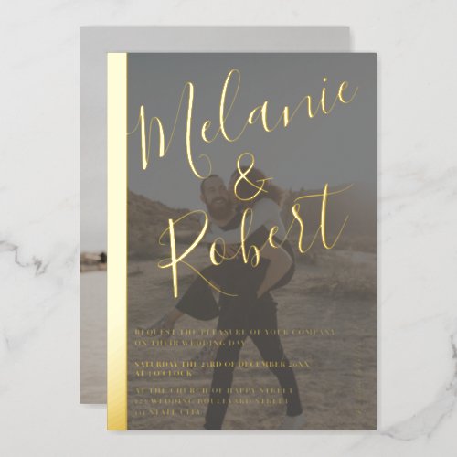Modern bold black wedding 2 photos gold stripe foil invitation