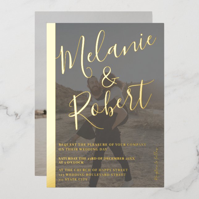 Modern bold black wedding 2 photos gold stripe foil invitation (Front/Back)