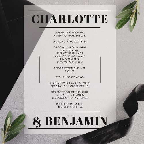 Modern Bold Black Wedding Program Vellum Card