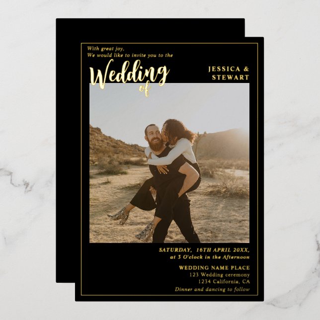 Modern bold black wedding script photo foil invitation (Front/Back)