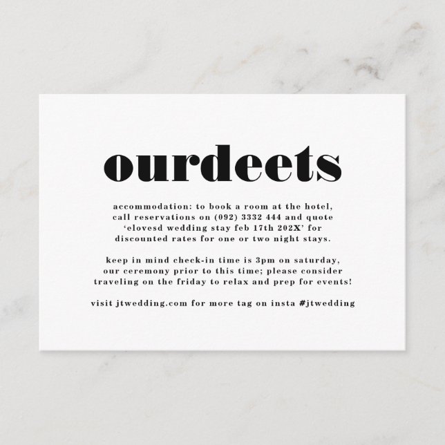 Modern Bold Black White Extra Info Our Details Enclosure Card (Front)