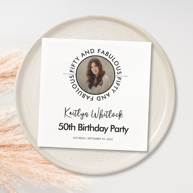 Modern Bold Black White Fifty and Fabulous Napkins (black and white fifty and fabulous 50th birthday party napkins with bold typography and script font)