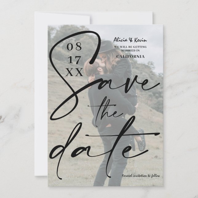 Modern bold black white script save the date photo (Front)