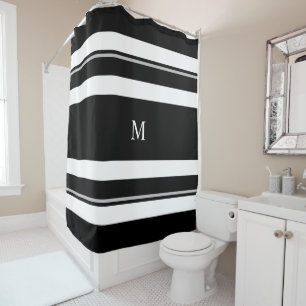 Modern Bold Black White Stripe Monogram Shower Curtain