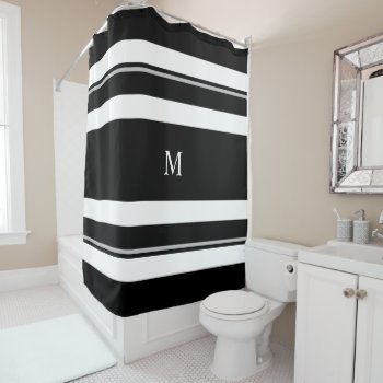 Modern Bold Black White Stripe Monogram Shower Curtain by AvenueCentral at Zazzle