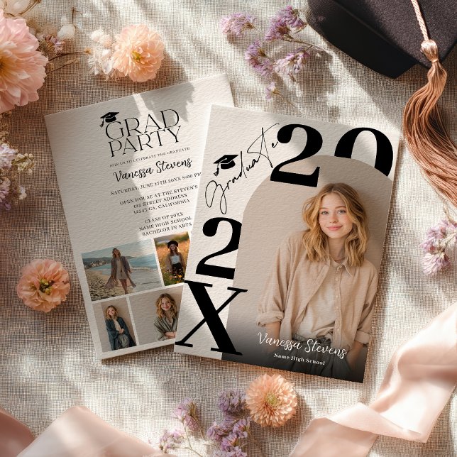 Modern Bold Black white Trendy 6 photos graduation Invitation (Modern Bold Black white Trendy 6 photos graduation Invitation)