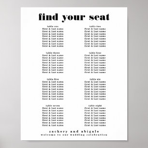 Modern Bold Black White Wedding Seating Chart Sign